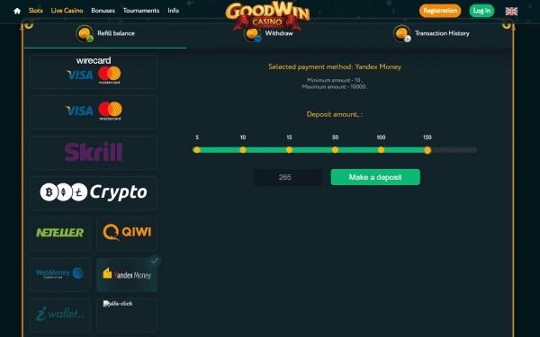 Et eksempel på indbetellerngerer foretaget via Yandex